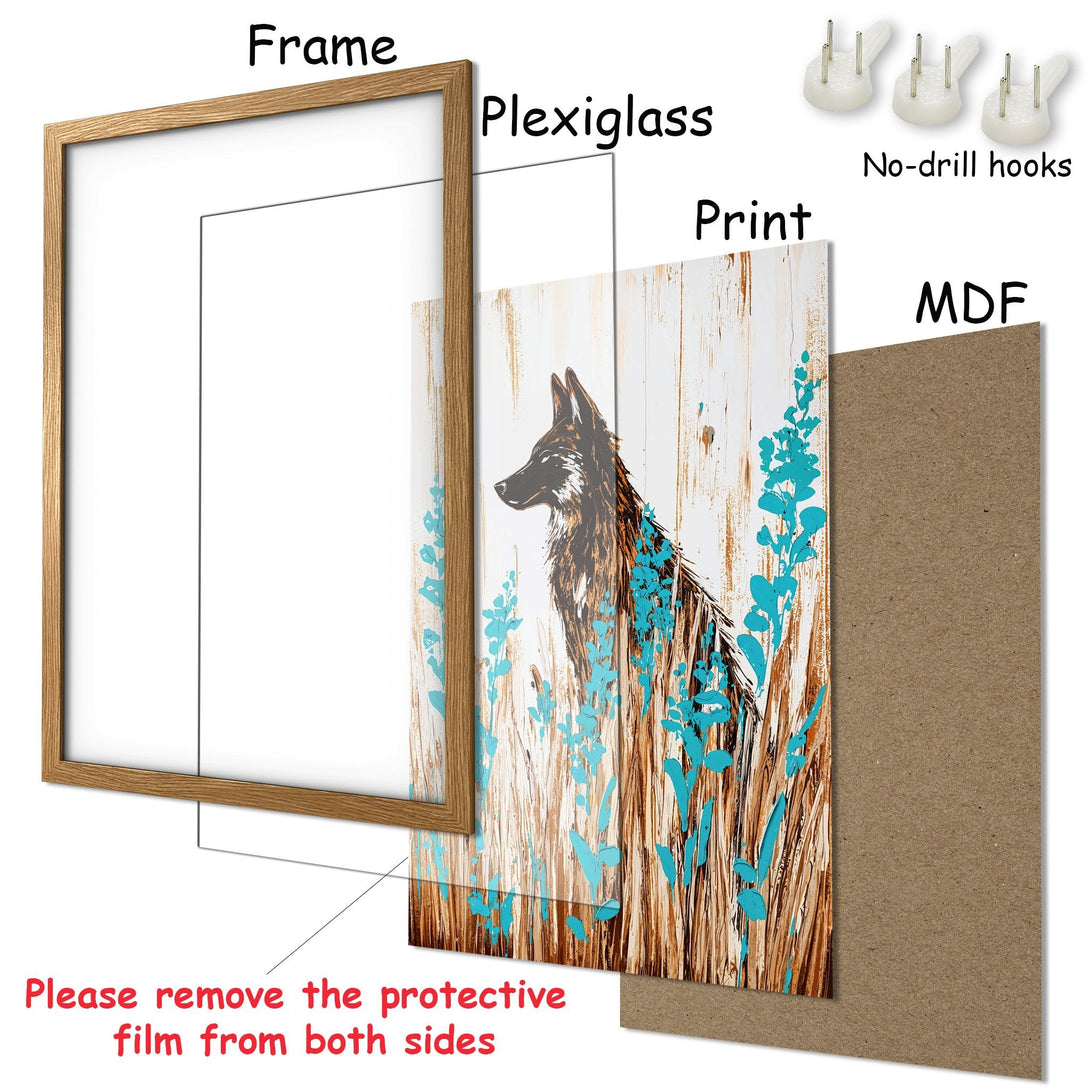 Framed Poster featuring a wolf, rustic style, with brown, white, and turquoise color palette. Perfect wall art for your home!