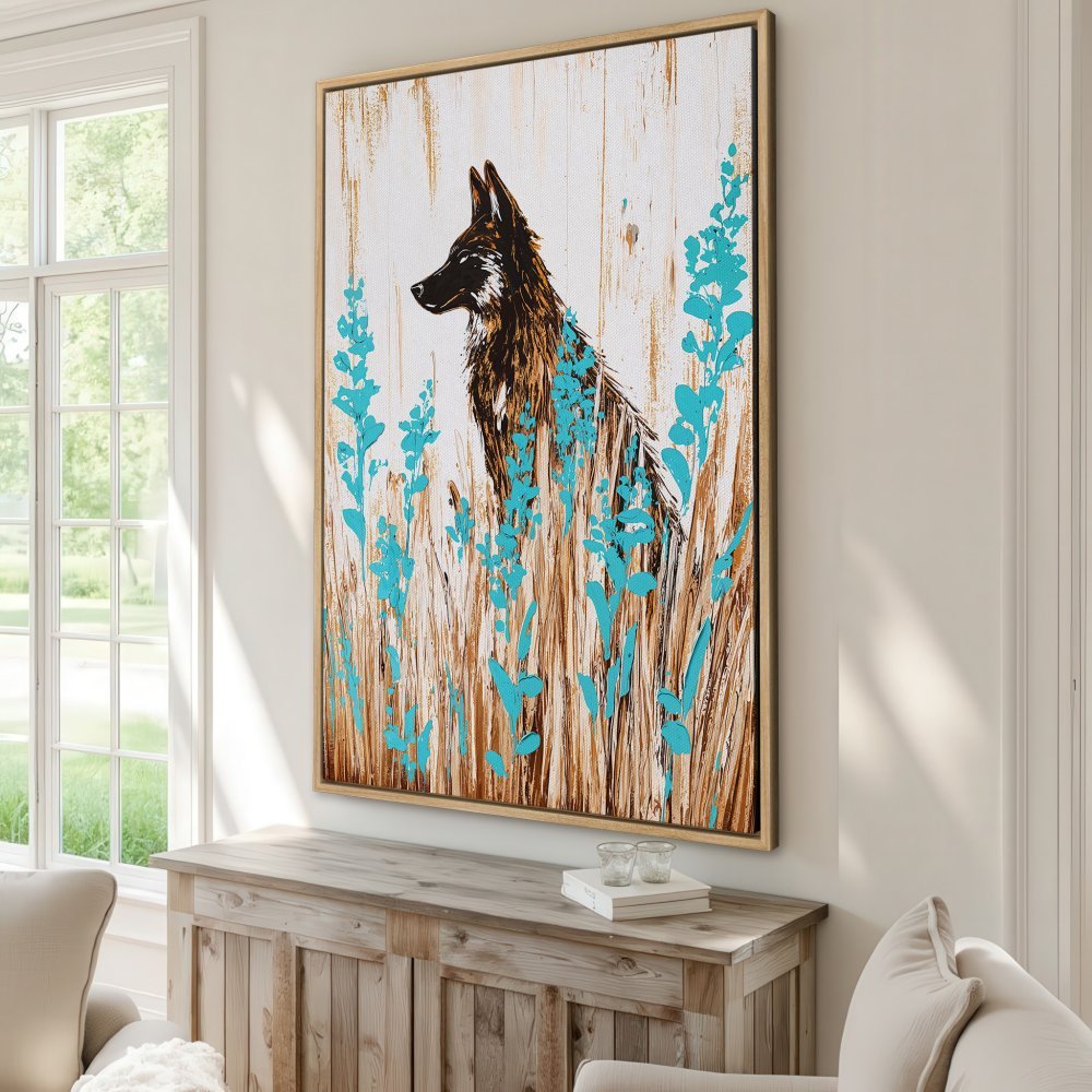 Framed Wall Art: Abstract wolf print in brown, turquoise, and white. Modern art for your home decor.