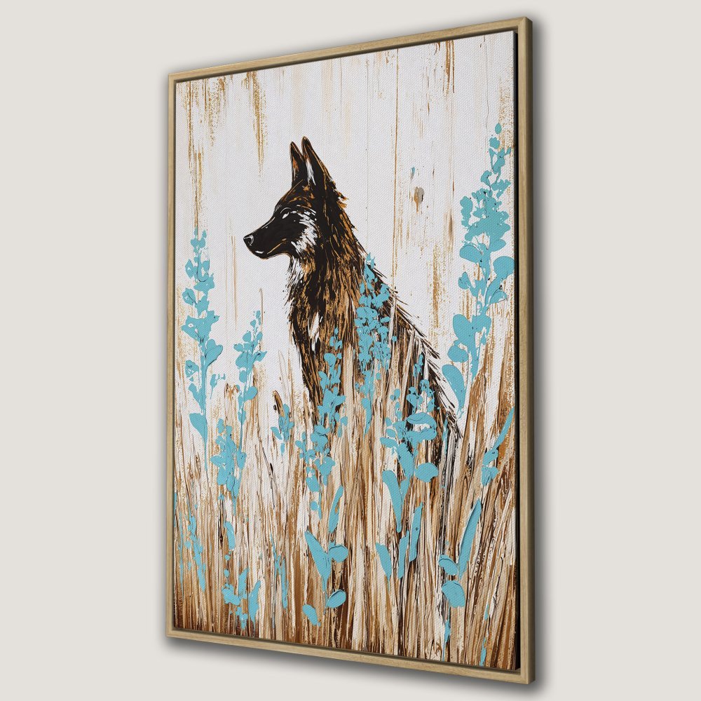 Framed Wall Art: Abstract wolf painting with teal flowers, brown and white textured background. Modern canvas print for home decor.