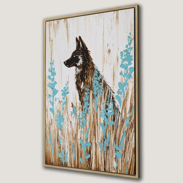 Framed Wall Art: Abstract wolf painting with teal flowers, brown and white textured background. Modern canvas print for home decor.