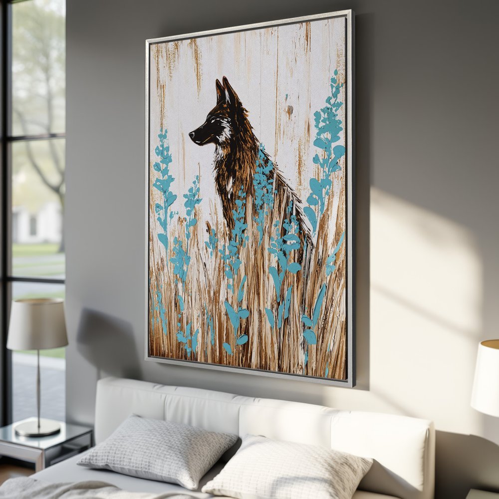 Framed Wall Art: Abstract wolf painting in brown, teal, and white. Modern art canvas print for bedroom decor.