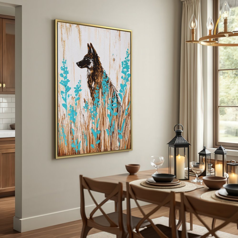 Canvas Print: Abstract wolf art in neutral tones with pops of turquoise. Perfect for rustic home decor!