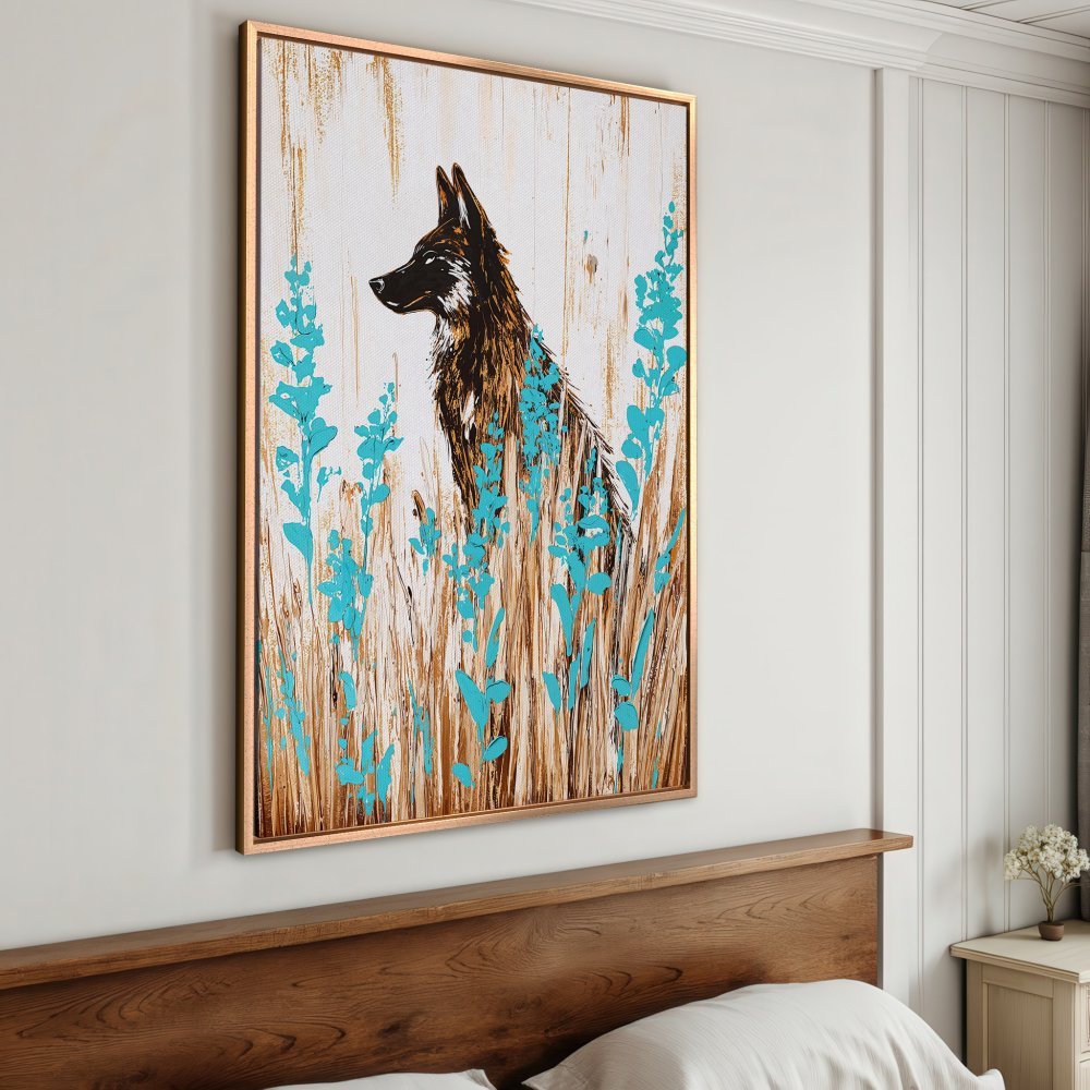 Framed Wall Art: Abstract wolf painting with turquoise accents. Rustic style, brown & white palette. Perfect for bedroom decor.