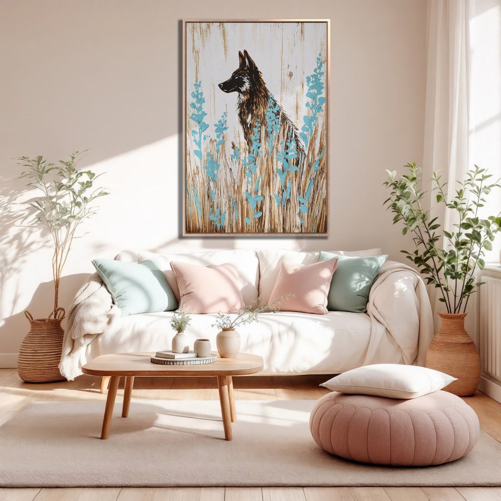Framed Wall Art featuring a wolf in a field with a neutral and blue color palette, perfect for modern home decor.