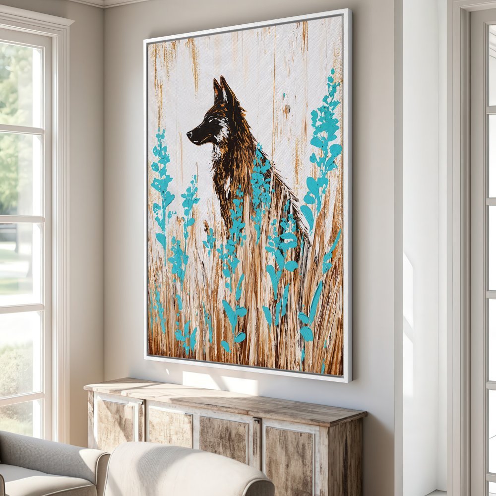 Framed Wall Art: Abstract wolf painting in teal and brown. Modern canvas art for living room or bedroom decor. Shop now!