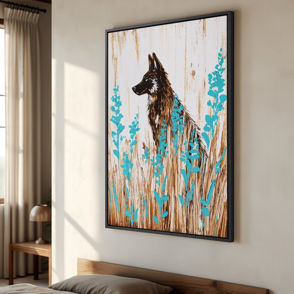 Framed Wall Art of a wolf in a field, featuring a brown, teal, and white color palette. Modern art style Canvas Print perfect for any room.