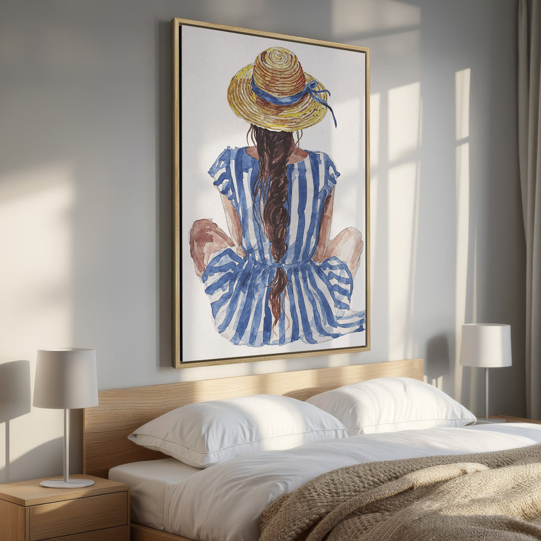 Framed Wall Art: Watercolor painting of woman in hat & blue striped dress. Soft, neutral palette. Perfect for bedroom decor.