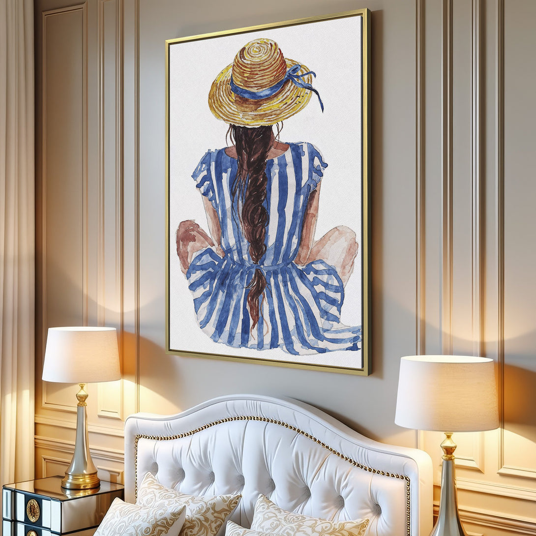 Canvas Print of a woman in a hat, watercolor style, blue & yellow palette. Perfect wall art for a coastal or bohemian home decor.