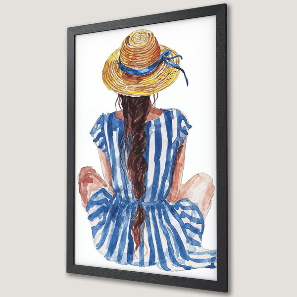Framed Poster: Watercolor illustration of a woman in a straw hat and blue dress. Features a blue, brown, and white color palette.