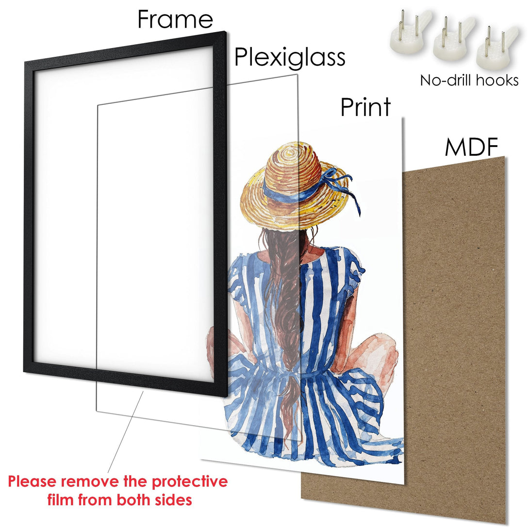 Framed Poster of a woman in watercolor style, featuring blue and brown tones, perfect for wall decor.