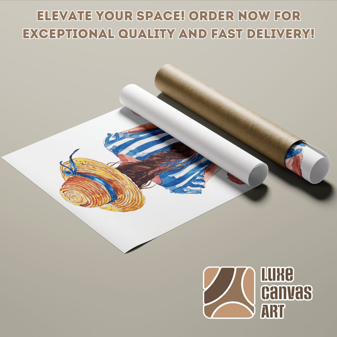 Watercolor poster roll featuring a woman with a hat, blue & brown palette. Order your poster now!