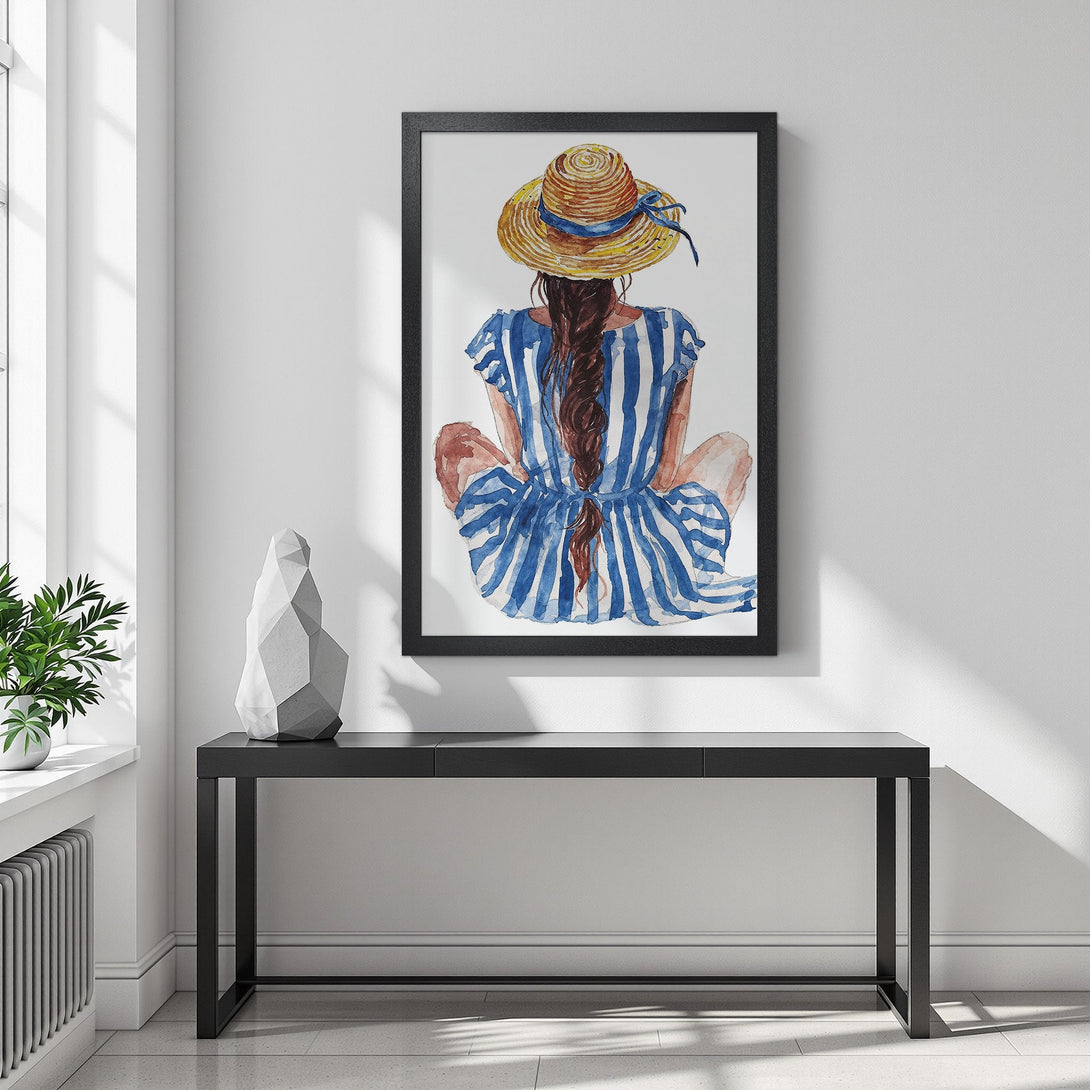 Framed Poster of woman in straw hat and blue striped dress, watercolor style, blue and yellow palette. Perfect wall art!
