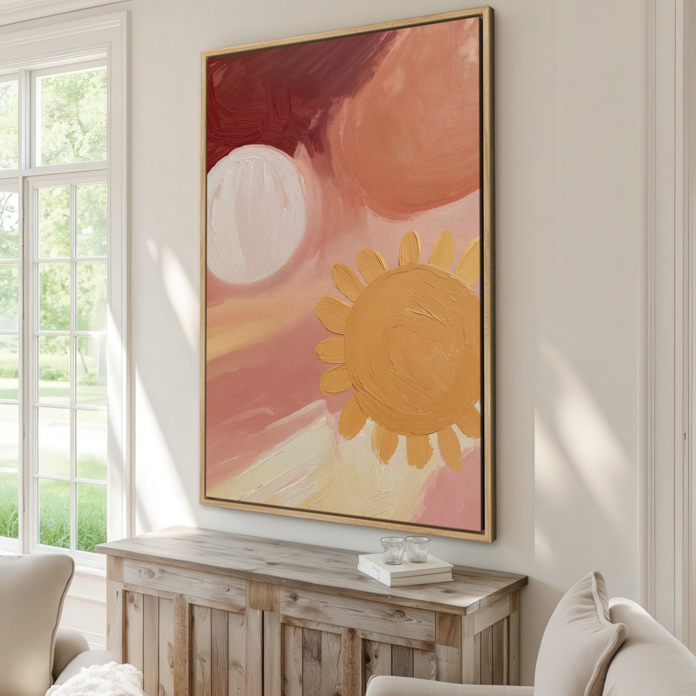Framed Wall Art: Abstract sunburst painting in warm peach and gold tones. Modern art for your home.