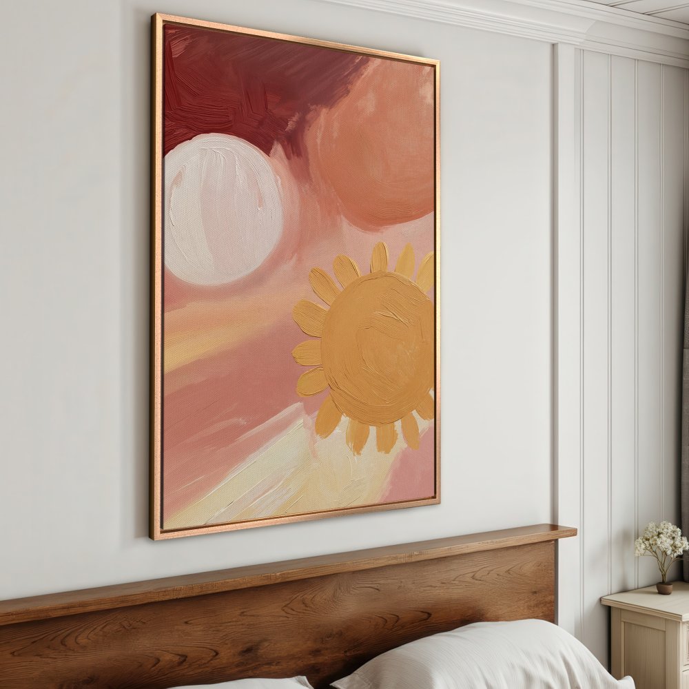 Framed Wall Art: Abstract painting with warm, earthy tones. Modern art Canvas Print featuring a sun-like design, perfect for bedroom decor.