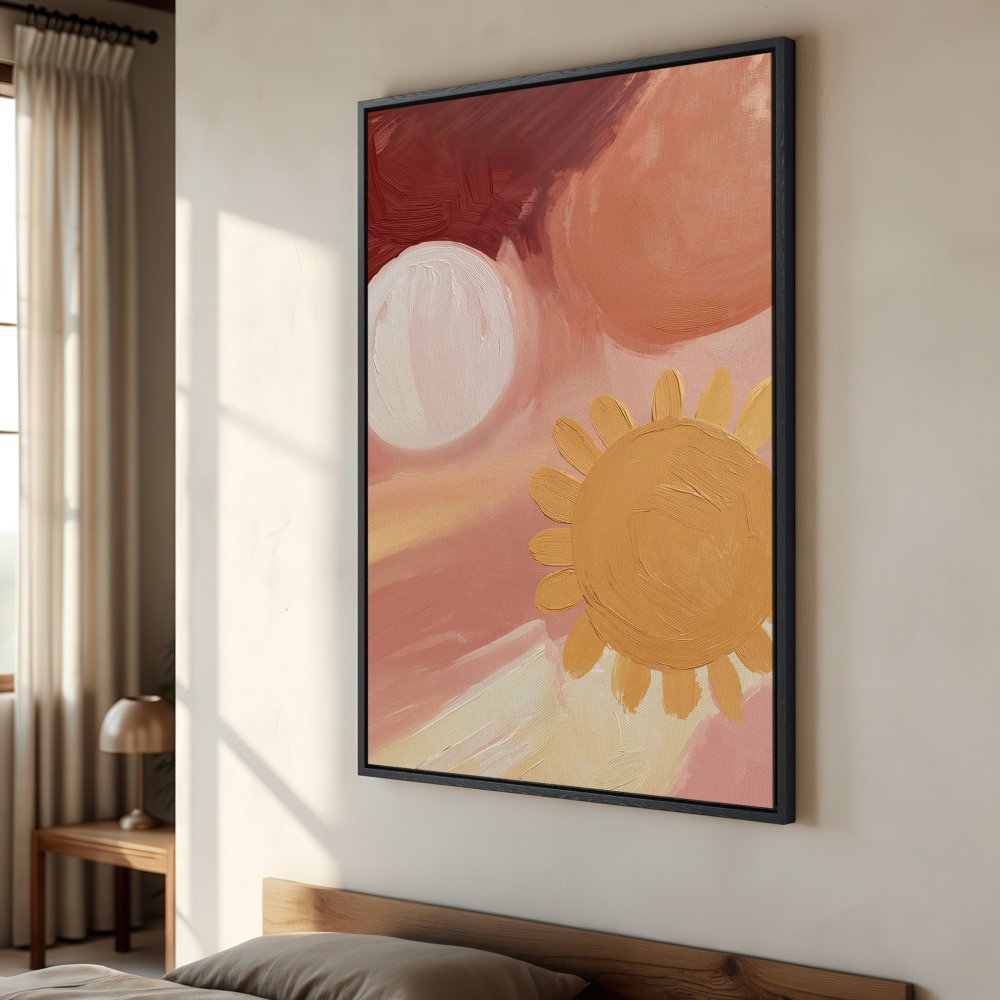 Framed Wall Art: Abstract sun painting in warm, earthy tones. Add a touch of modern art to your home with this stylish canvas print.