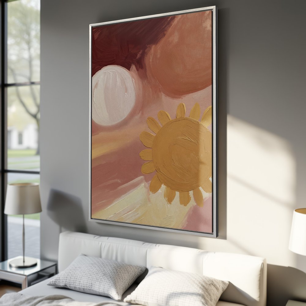 Framed Wall Art: Abstract sun design in warm terracotta & ochre tones. Modern Canvas Print adds a stylish touch to any bedroom decor.