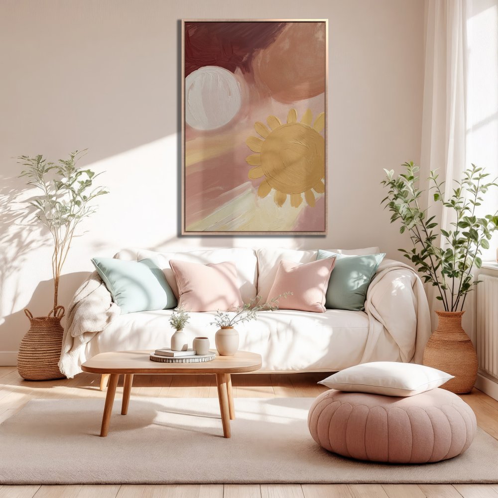 Abstract Canvas Print with sun and circle shapes, warm blush, beige, and ochre tones. Modern wall art for your home.