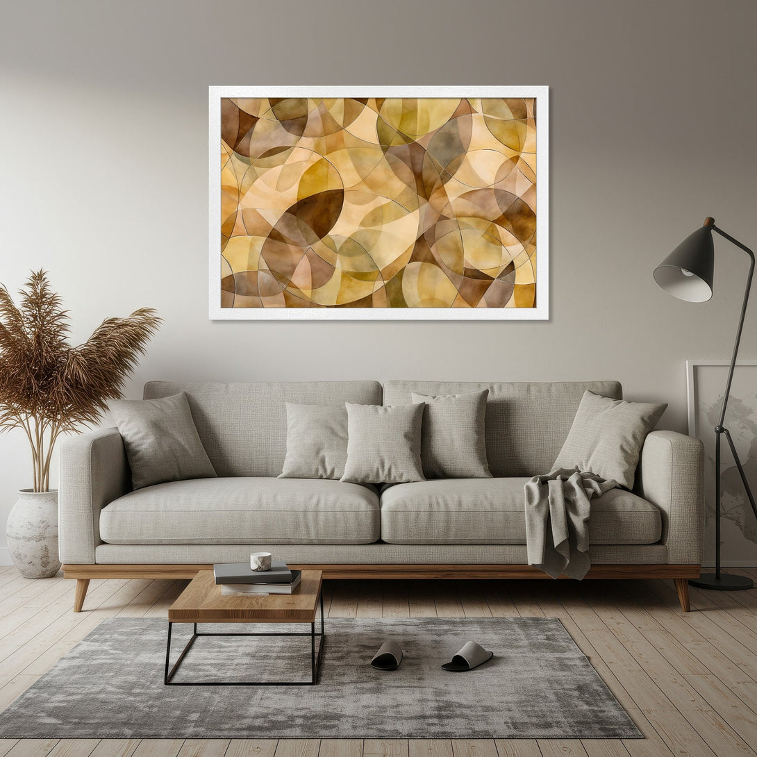Framed Poster featuring abstract geometric art in warm earth tones. Perfect for modern home decor.
