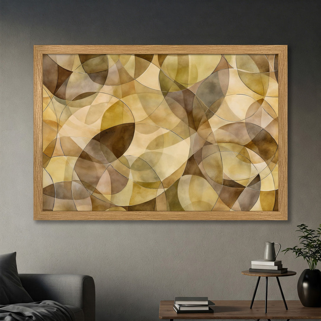 Framed Poster featuring abstract geometric art in warm earth tones. Modern wall art for home decor.
