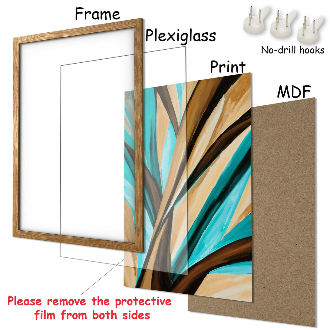 Framed Poster with abstract art in teal, brown, and beige. Modern wall decor ready to hang and elevate your space.