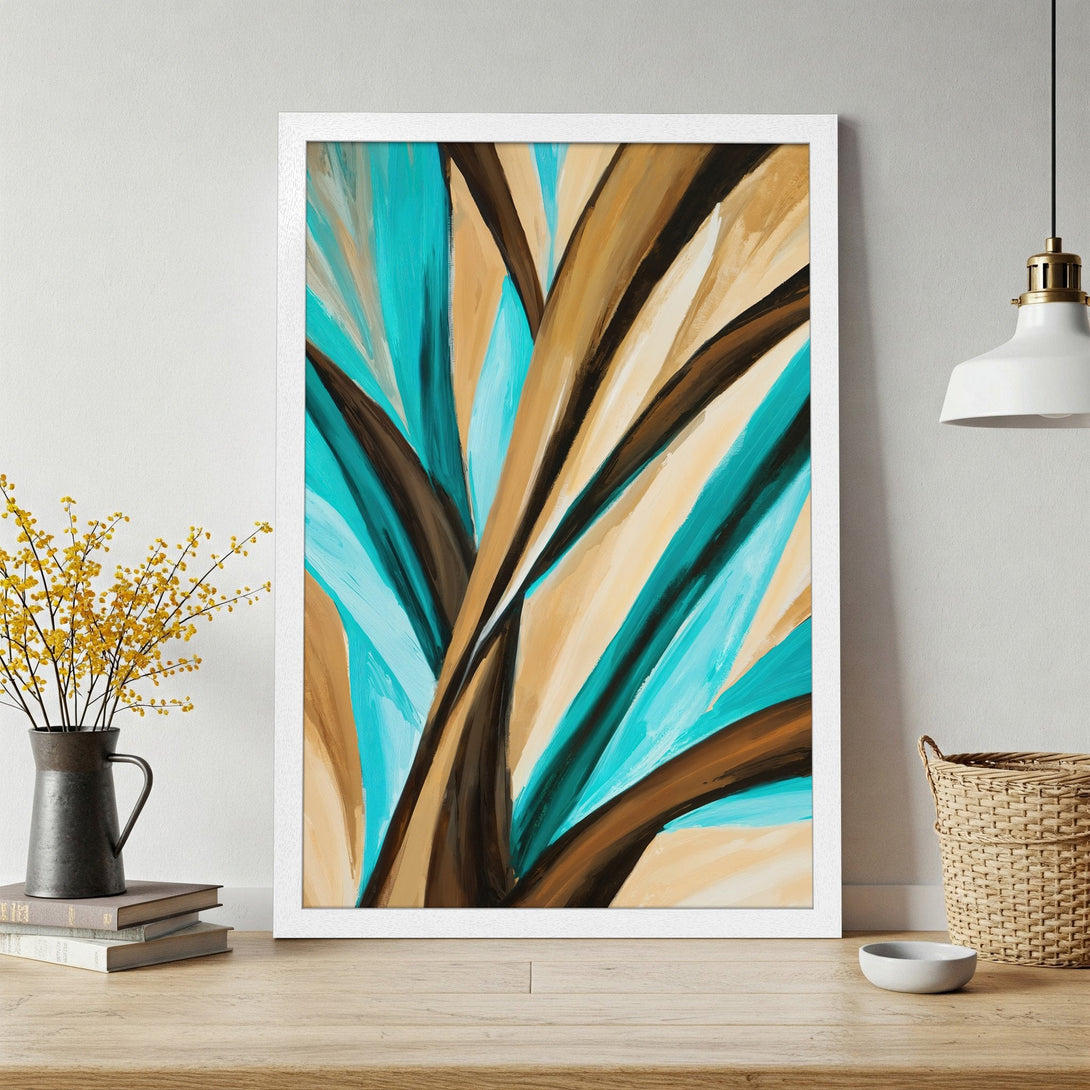 Framed Poster featuring abstract art with teal, brown, and beige brushstrokes. Modern art poster for home decor.