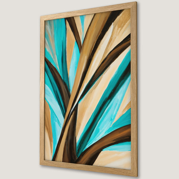 Framed Poster featuring an abstract design with teal, brown, and beige brushstrokes. Modern art print for wall decor.