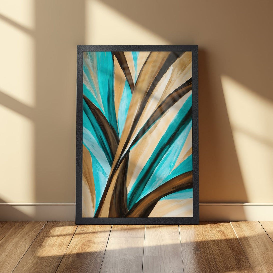 Framed Poster featuring abstract teal, brown, and beige brushstrokes. Modern art print for home decor.