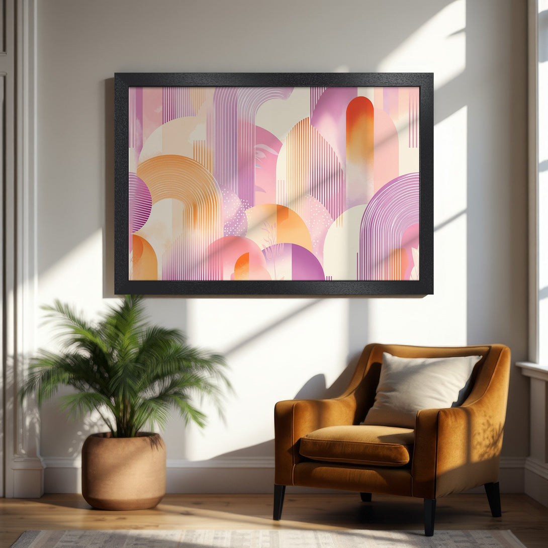 Framed Poster featuring abstract art in a warm pink and orange palette. Modern style, perfect for home decor.