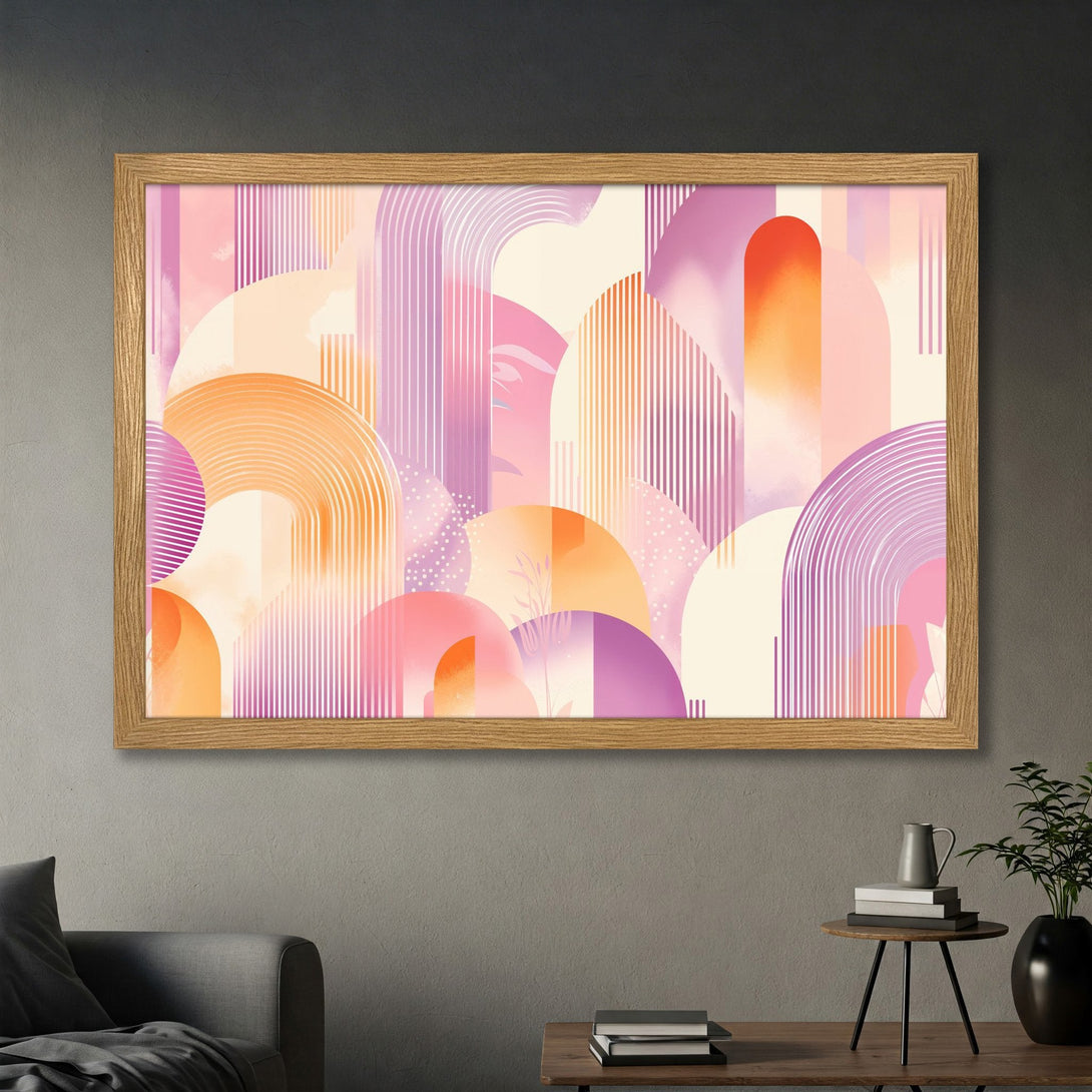 Framed Poster featuring an abstract geometric design in a warm, pastel color palette of pinks, oranges, and purples. Modern art for your home!