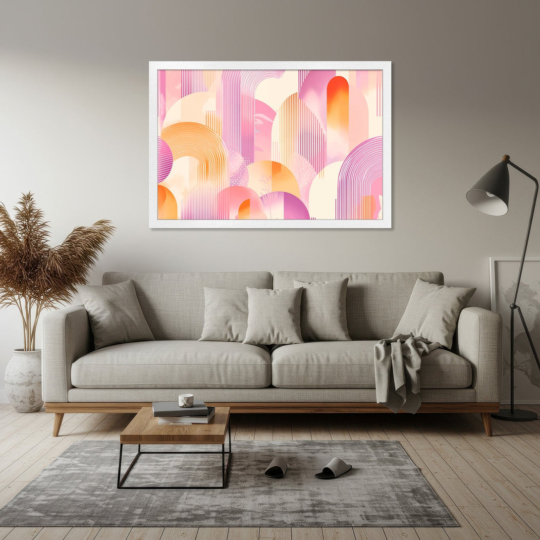 Framed Poster featuring abstract geometric art in a pink and orange color palette, perfect for modern home decor.