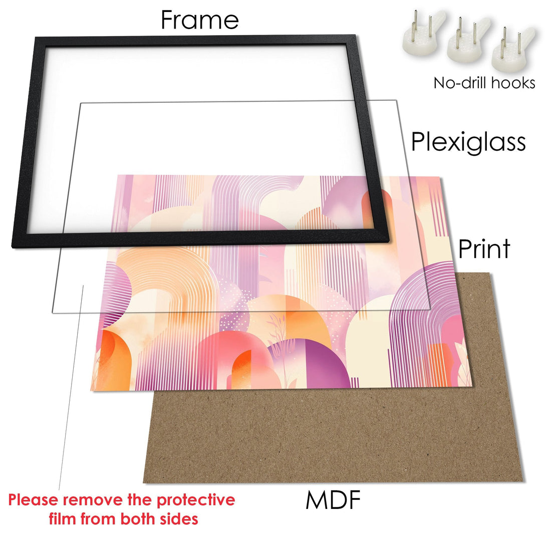 Framed Poster with abstract art in a warm color palette of pinks, oranges, and purples. Modern wall decor.