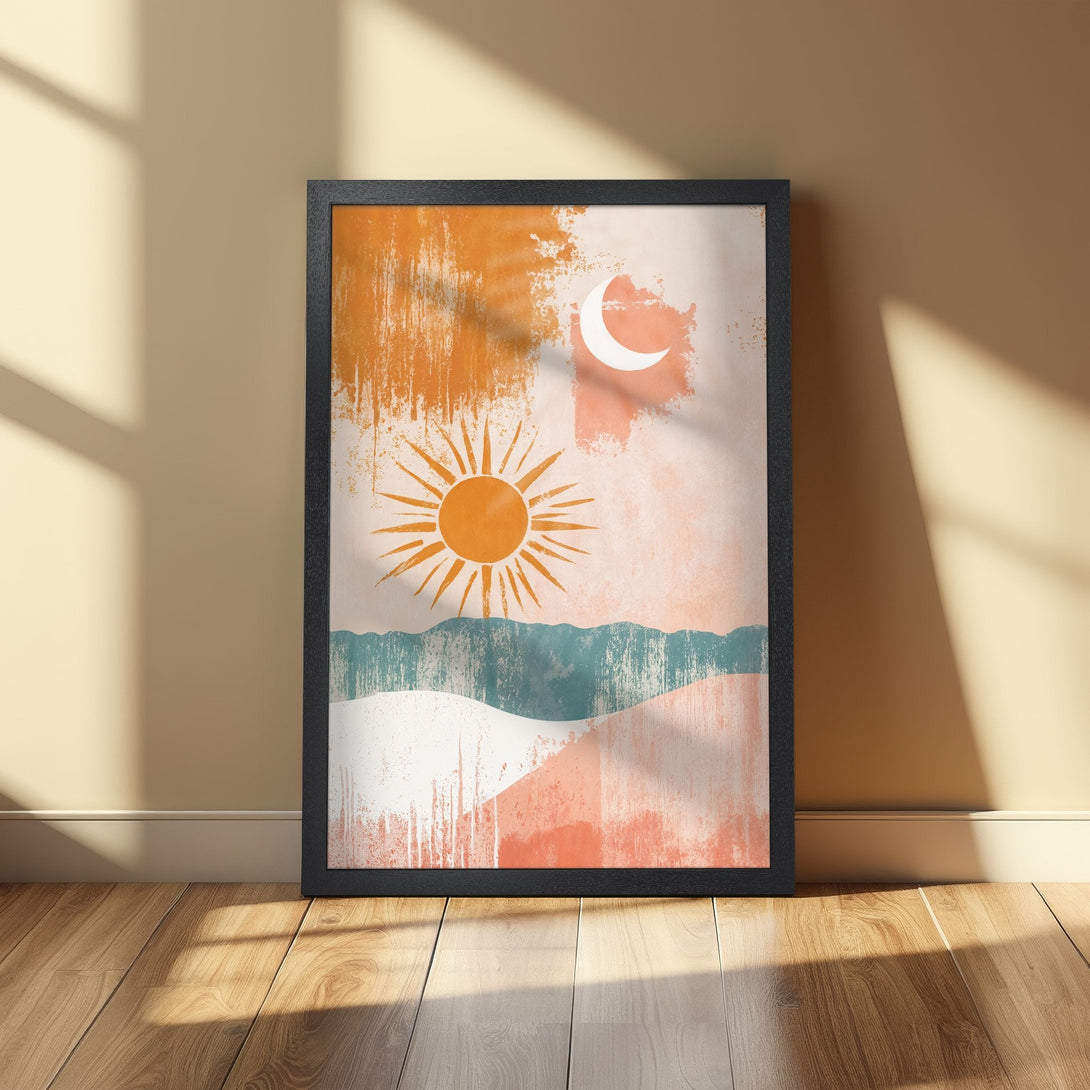 Framed Poster featuring a minimalist sun and moon design in orange, teal, and peach tones. Perfect wall art for any space!