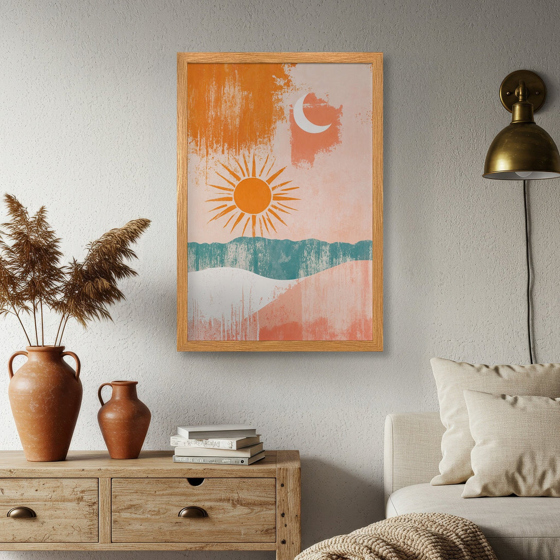Framed Poster featuring a sun and moon abstract landscape art print in warm orange, teal, and blush tones. Modern wall decor.