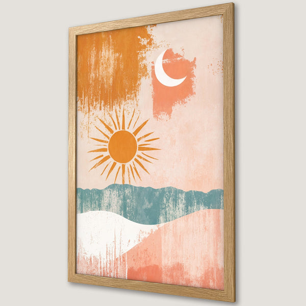 Framed Poster featuring a sun and moon abstract landscape art in warm orange, blue, and pink color palette. Modern wall decor.