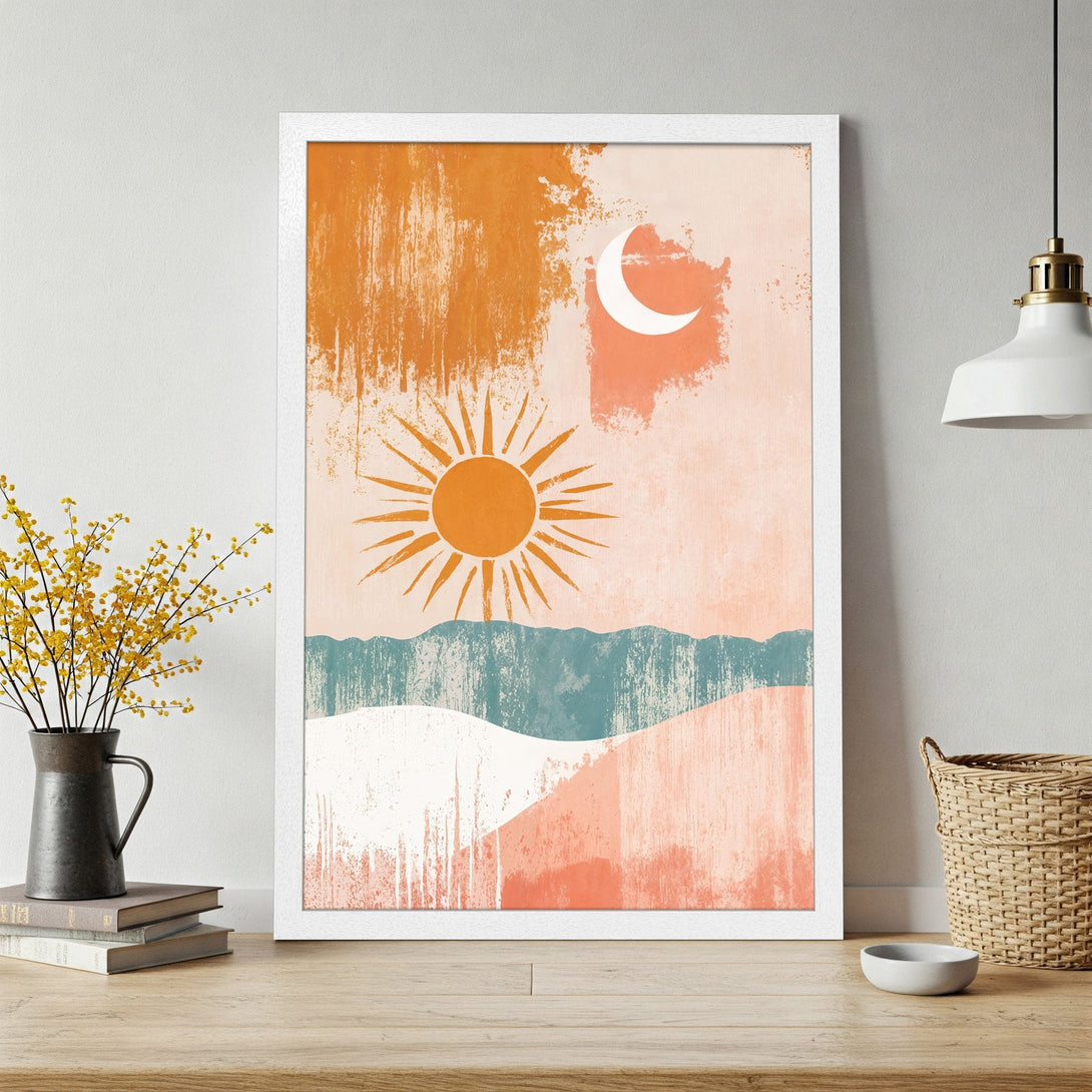 Framed Poster featuring a sun and moon abstract landscape art in warm orange and teal tones. Perfect wall decor!