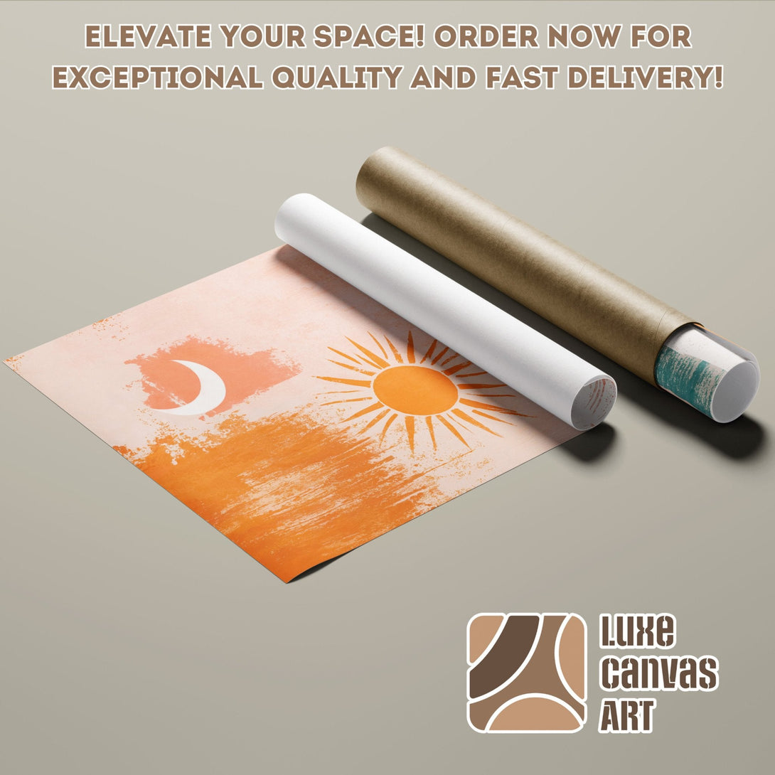 Abstract sun and moon Poster Roll in warm orange and beige tones. Elevate your space with Luxe Canvas Art!