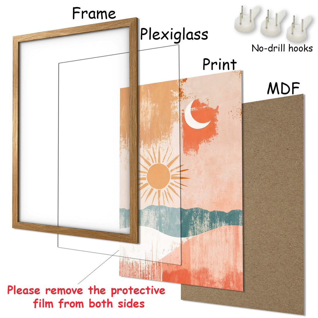 Framed Poster with abstract sun & moon art. Earthy tones & modern style. Perfect wall decor for any room.