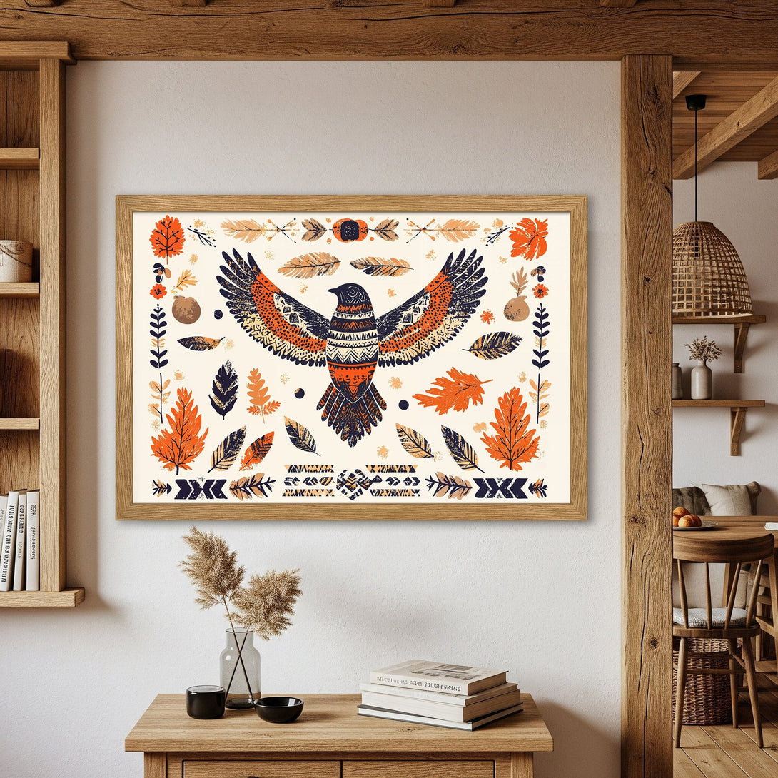 Framed Poster featuring a boho-style bird design in warm orange, navy, and beige tones. Perfect wall art to brighten any space!