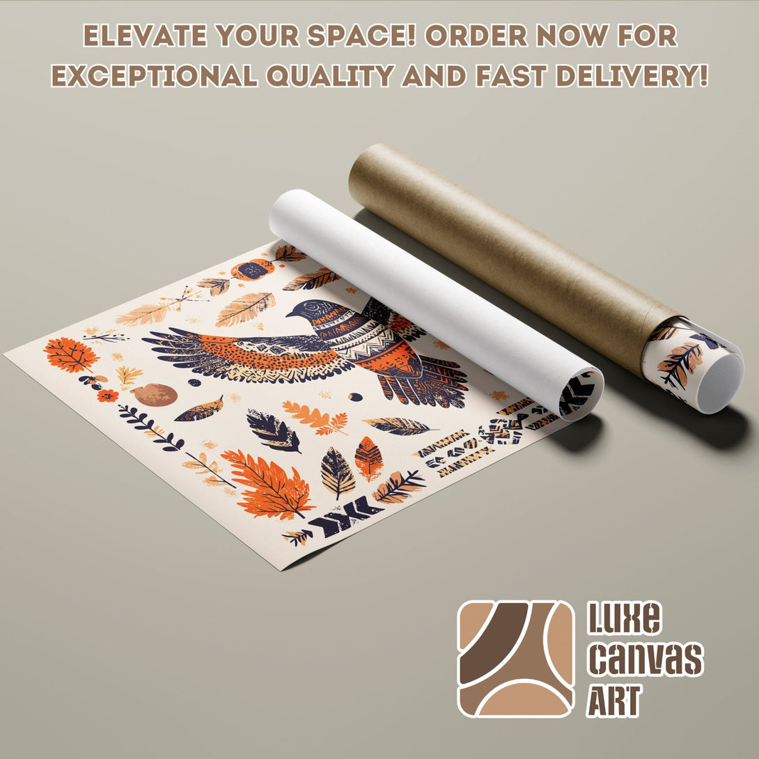 Poster Roll featuring an eagle design in a boho style with orange, navy, and beige tones. Elevate your space!