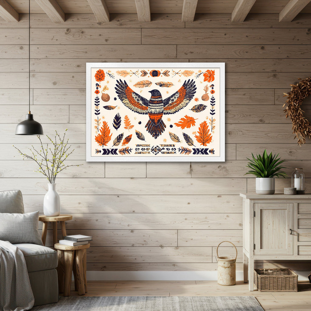 Framed Poster featuring a tribal eagle design in warm orange and navy tones. Perfect wall art for a cozy, boho-chic space.