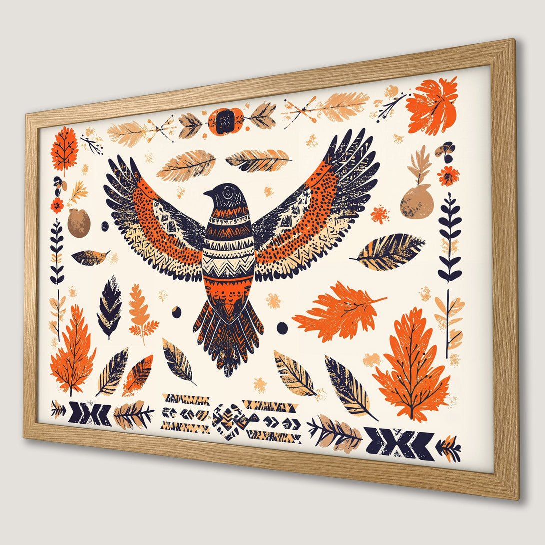 Framed Poster featuring a stylized bird with autumn leaves in a warm orange and navy palette. Perfect wall art for your home!