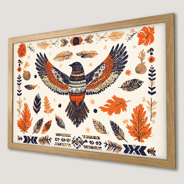 Framed Poster featuring a stylized bird with autumn leaves in a warm orange and navy palette. Perfect wall art for your home!