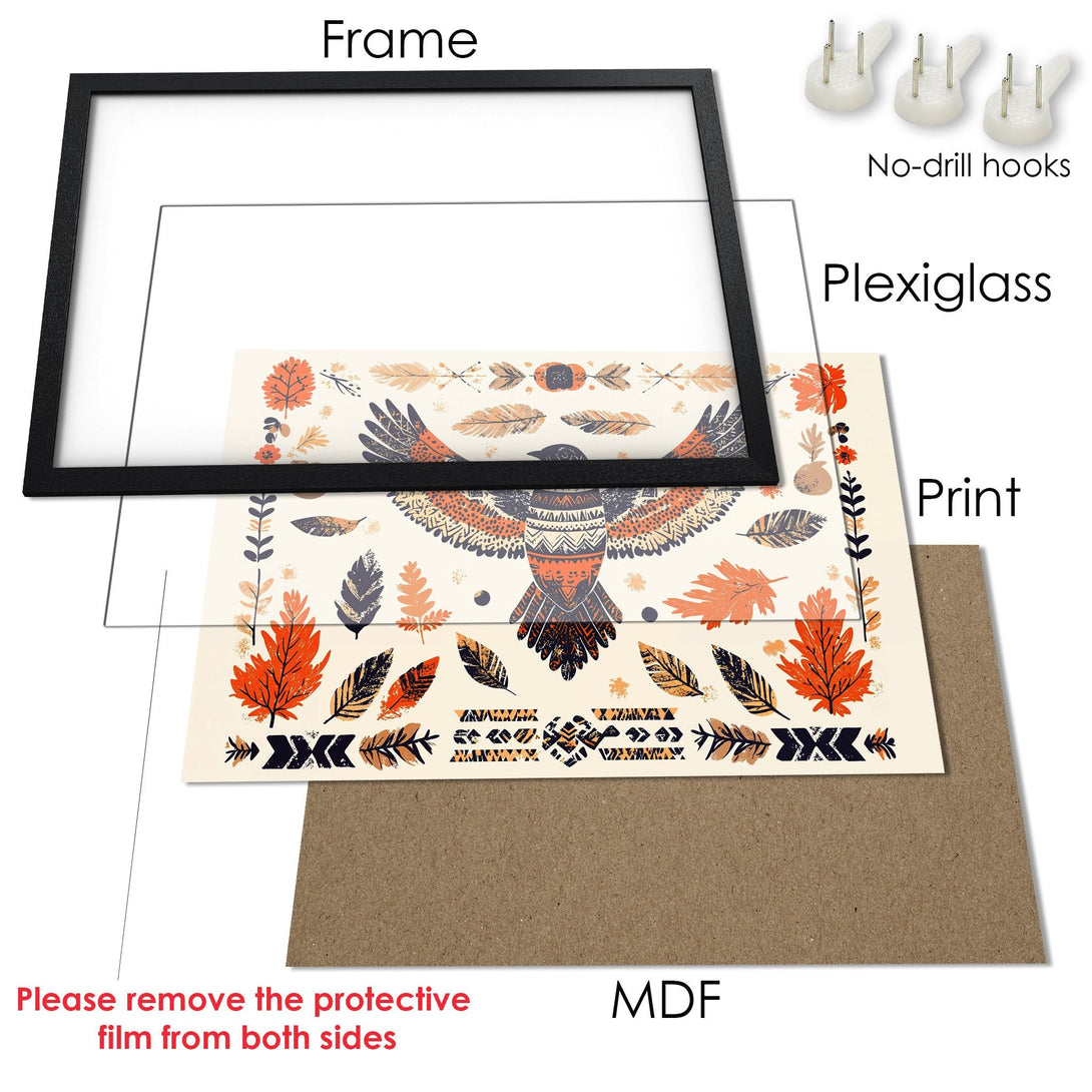 Framed Poster featuring a stylized bird and leaves in warm orange and beige tones. Perfect wall art!