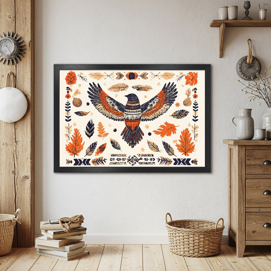 Framed Poster featuring a stylized bird illustration in warm orange, navy, and cream tones. Perfect wall art for any room!