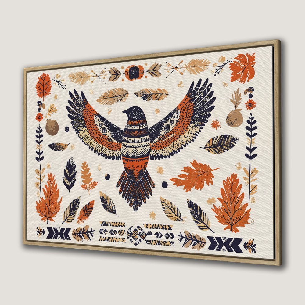 Framed Wall Art featuring a stylized bird design in warm orange and navy hues. Perfect for adding a touch of bohemian style to your home decor.