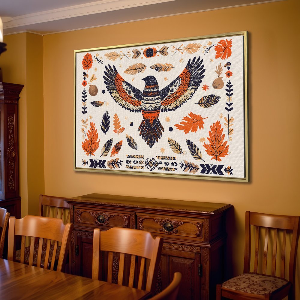 Canvas Print featuring a stylized eagle in warm orange, navy, and cream tones. Perfect boho wall art for living room decor.