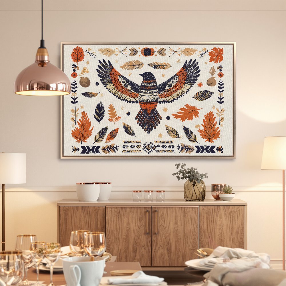 Framed Wall Art: Boho-style canvas print featuring a majestic bird with orange, navy, and beige tones. Perfect for adding a touch of nature to your space!