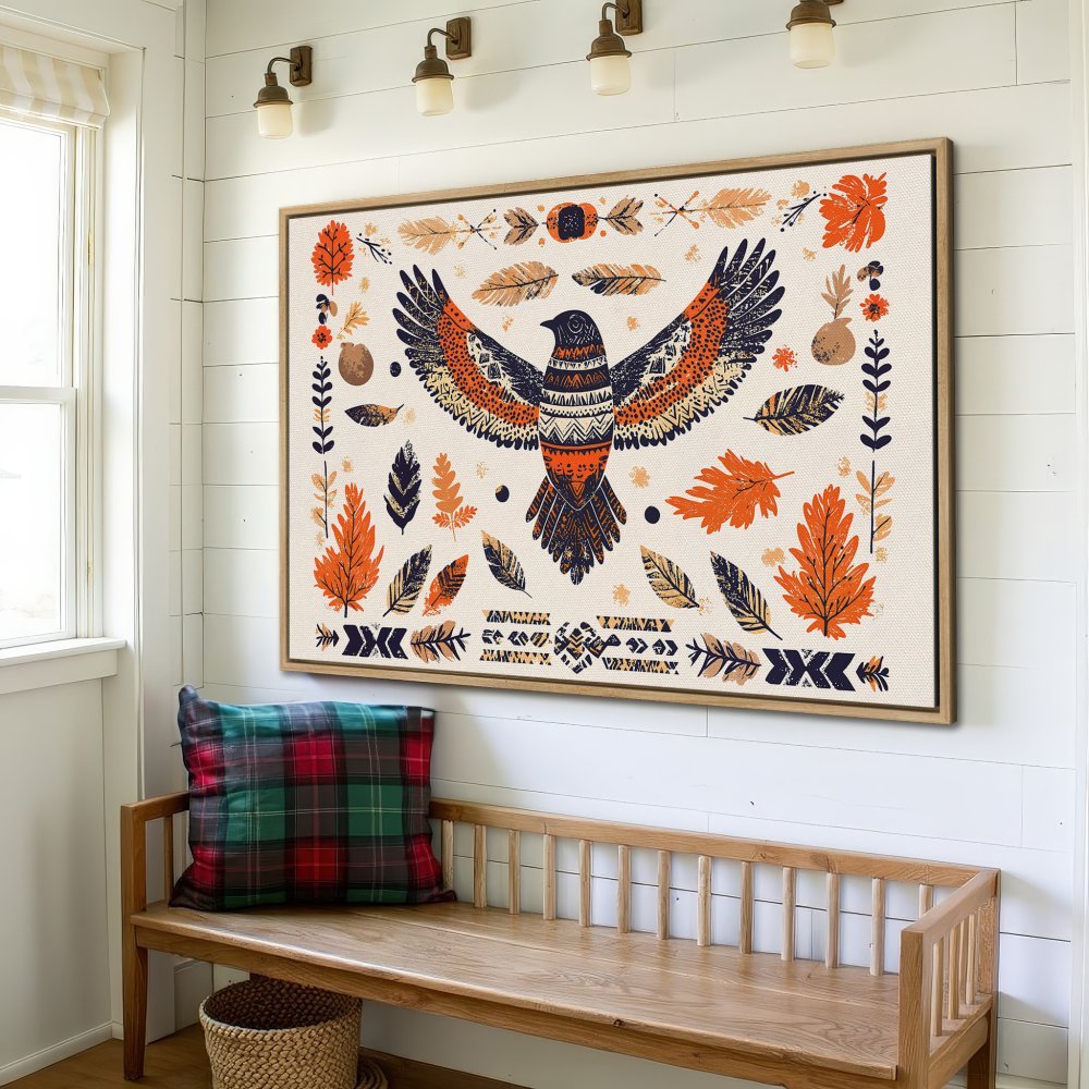 Framed Wall Art: Boho-style canvas print featuring a detailed bird illustration in warm orange, blue, and beige tones. Perfect for home decor!