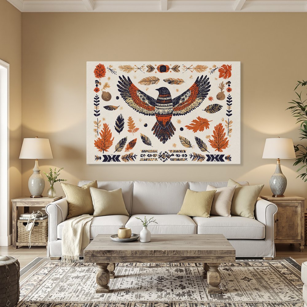Framed Wall Art: Boho-style canvas print featuring a vibrant bird with orange, navy, and tan accents. Perfect for adding warmth to any space!
