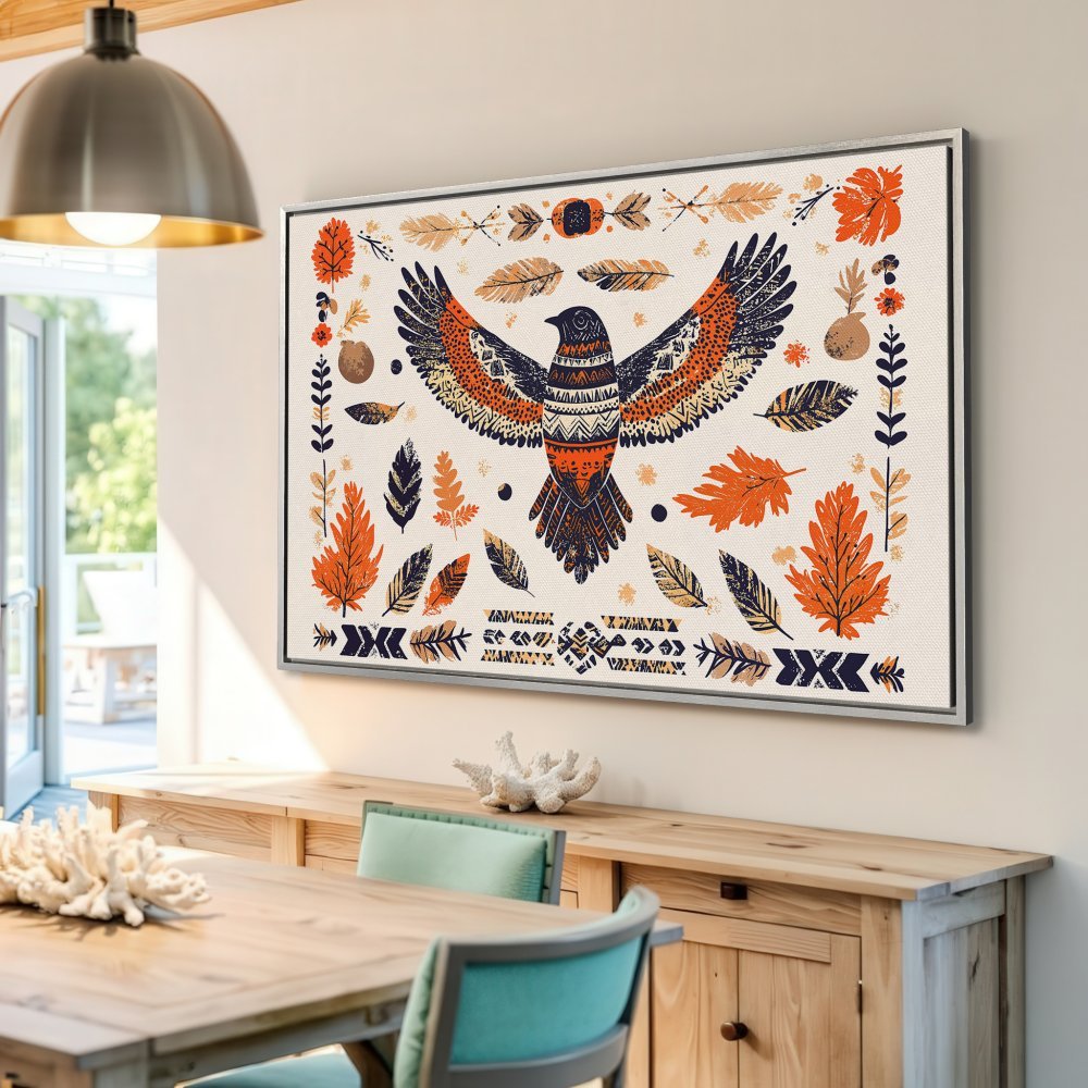 Framed Wall Art featuring an eagle illustration in a boho style with orange, navy, and beige tones. Perfect for adding a touch of nature to your home.